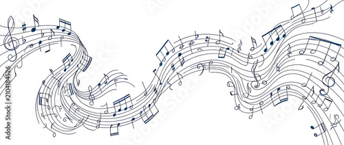 Foto Abstract musical notes flowing on wavy staff lines