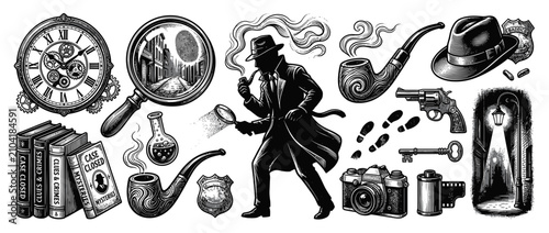 Cuadro en lienzo Detective Mystery Clipart Collection: Investigation Elements