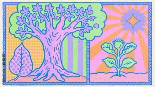 Colorful abstract illustration of a tree and a plant with sun and geometric patterns