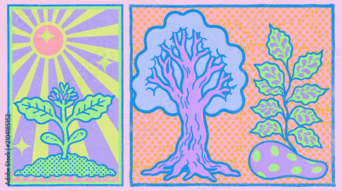 Colorful Retro Plant Illustrations with Sun and Trees in a Playful Style