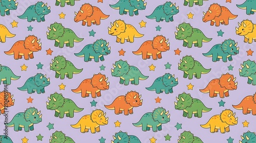 Seamless pattern of colorful cartoon triceratops and stars