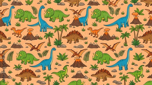 Seamless pattern with cartoon dinosaurs and erupting volcanoes