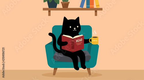 A cute black cat sitting in a cozy armchair reading a book while holding a cup of coffee.