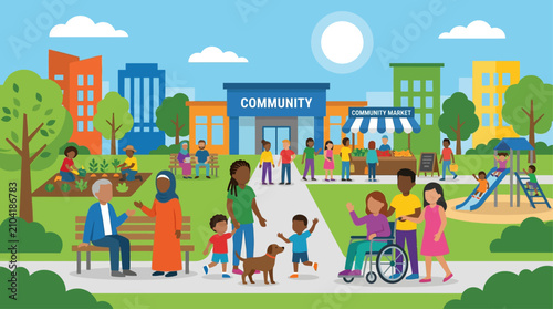 Diverse group of people enjoying a sunny day in a vibrant community park.