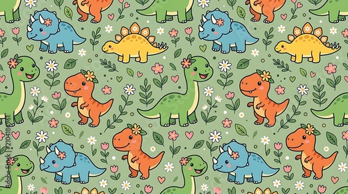 Cute colorful dinosaurs seamless pattern with flowers on green