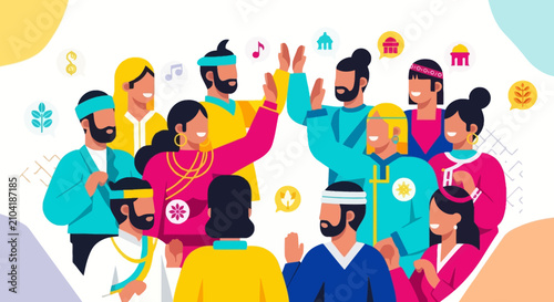 Diverse people high five together.