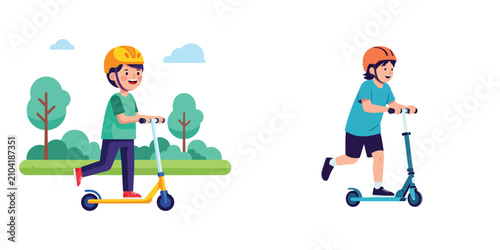 Happy Little Boy Riding a Kick Scooter with a Safety Helmet for Outdoor Recreation and Fun