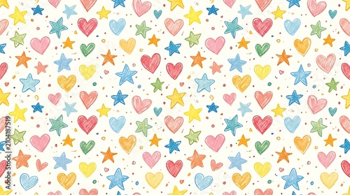 Playful hand drawn colorful hearts and stars seamless pattern