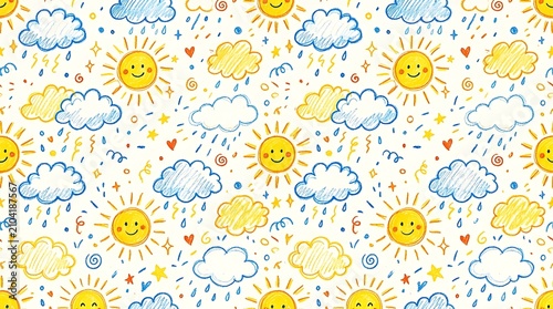 Colorful hand drawn weather pattern with smiling suns and clouds