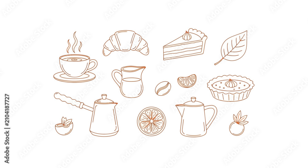 Fototapeta premium minimalist hand drawn cafe doodles of coffee breakfast food and bakery items ideal for menu design or food and drink concepts