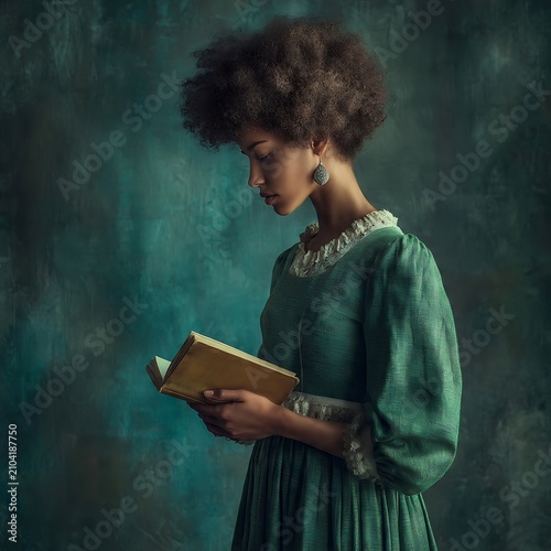Elegant Portrait of a Young African American Woman Reading a Book in a Vintage Green Dress.