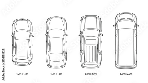 car sizes and vehicle dimensions compared in top view illustrating automobile classifications for urban planning logistics and parking.