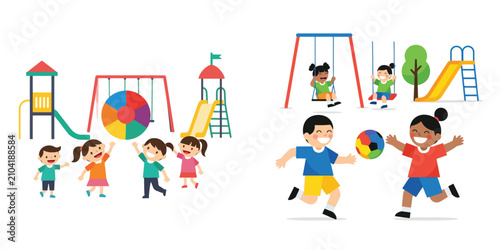Diverse group of happy children playing together in an outdoor playground with swings and slides in a vibrant flat illustration style