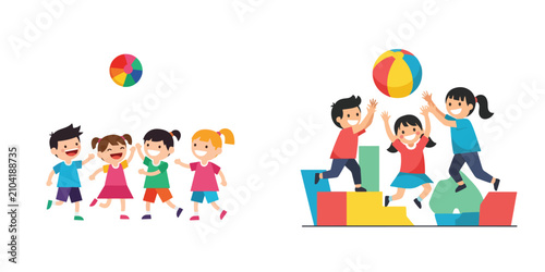 Active kids jumping and playing with colorful balls flat vector illustration set isolated on white