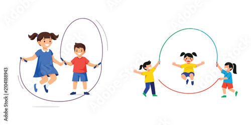 Diverse cartoon children jumping rope and playing together for healthy fitness and recreation illustration