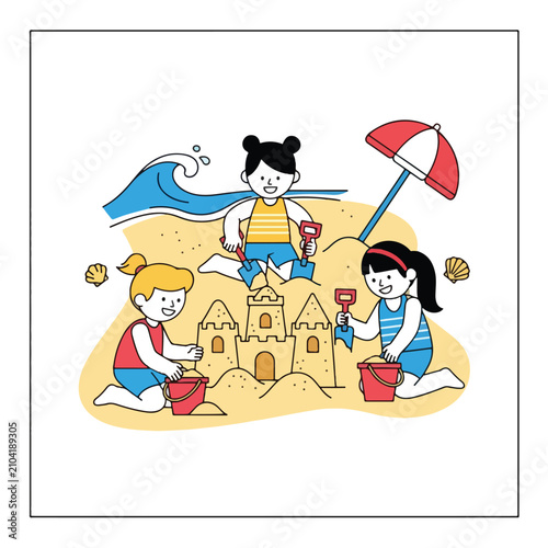Three young girls building sandcastle on the beach during summer holiday flat vector illustration with sea waves and sun umbrella in the sand