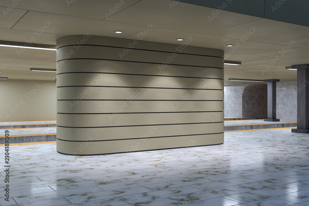 Obraz premium Blank beige wall mockup with black stripes in empty underground metro station with marble floor and concrete columns, advertising space. 3D Rendering