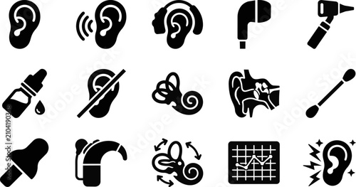 Obraz na plátne Ear health icons hearing treatment anatomy and device illustrations