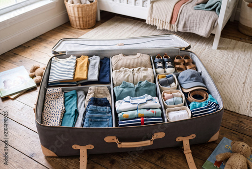 A family suitcase is open on a wooden floor, showing neatly arranged children's clothing, shoes, and accessories. The room has a warm feel, with light coming from a window