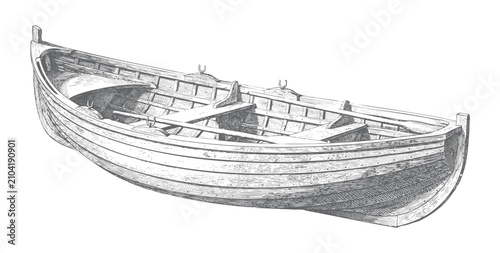 Tableau sur toile Wooden rowboat illustrated in vintage engraving style.