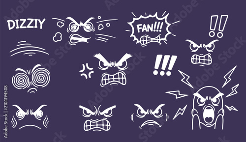 Принти на полотні Cute cartoon faces emoji doodle background, happy emotions line art pattern, fun