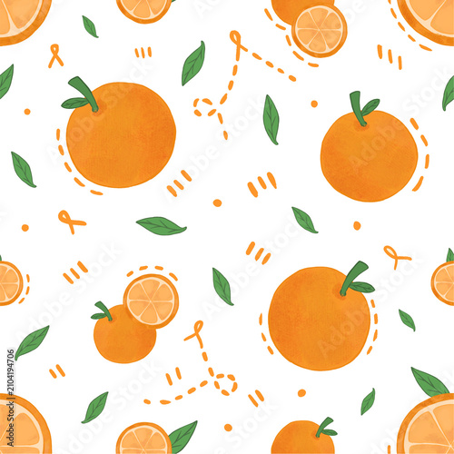 Cute Seamless Orange Fruit Pattern with Green Leaves, Transparent Background