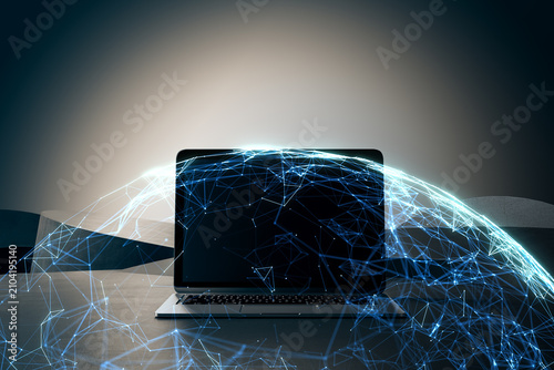 Laptop computer inside glowing blue polygonal network sphere on gray backgrou...