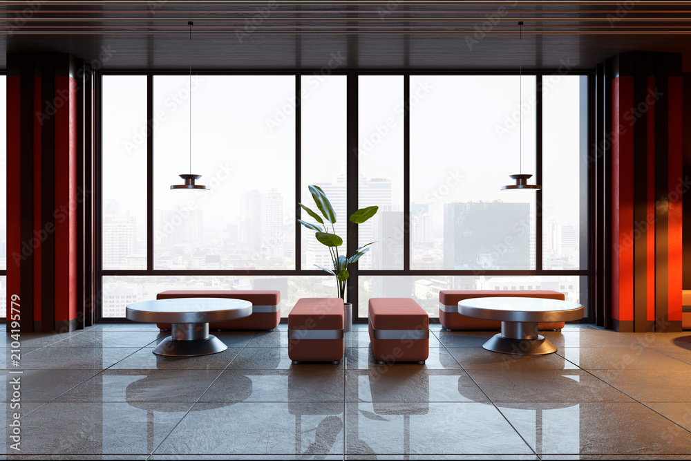 Obraz premium Stylish coworking cafe lounge with terracotta seating, round coffee tables, red columns and panoramic windows overlooking hazy city skyline. 3D Rendering