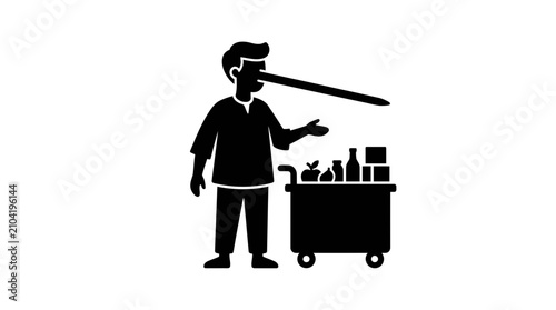 Man with long nose standing next to a shopping cart full of groceries.