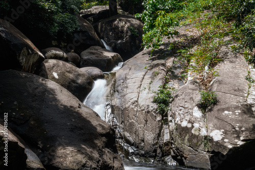 Obraz na plátně Beautiful tropical stream and wild rock formations hidden in a lush green jungle