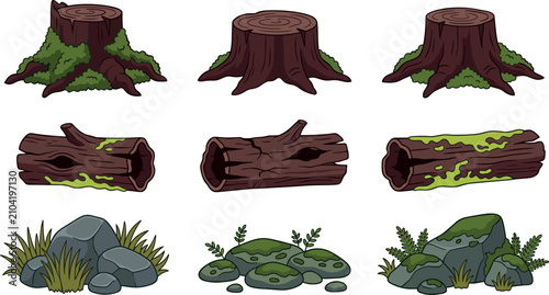 Fotografie Old forest tree stumps hollow wooden logs and grey stones covered in green moss lichen ferns and wild grass vector icon set