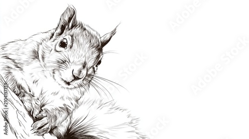 Playful Squirrel Climbing on Tree Branch in Black and White Illustration