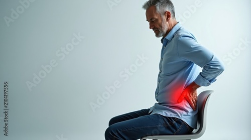 Hombre de mediana edad sentado en una silla y sujetándose la zona lumbar; un sutil indicador de dolor de color rojo brillante resalta dicha área