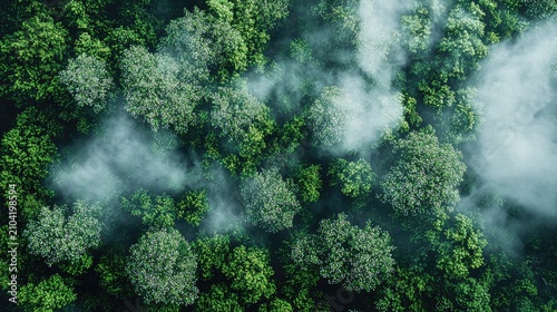 Aerial View of Lush Green Forest Canopy with Morning Mist