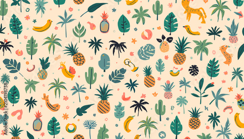 Sticker A vibrant and playful jungle-themed pattern featuring tropical plants, fruits, and whimsical animals on a light background