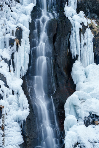 Shiragane Falls with frozen ice formations in Hamamasu, Ishikari, Hokkaido, Japan