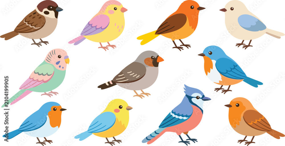 Fototapeta premium Large collection of colorful cute cartoon birds and exotic garden species isolated on white background flat vector illustration elements set