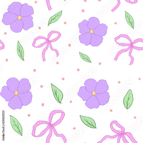 Cute Seamless Purple Flower and Pink Ribbon Pattern with Green Leaves, Transparent Background