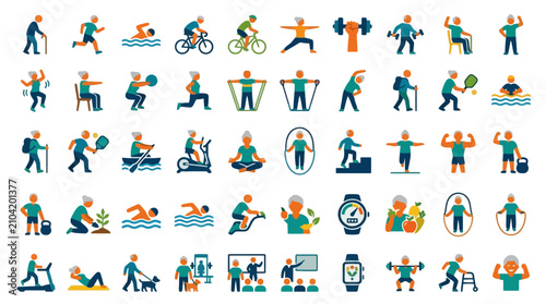Vector Icons Set of flat icons featuring active senior citizens exercising and maintaining a healthy lifestyle. EPS Editable