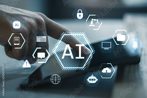 Human hand touching tablet screen with white AI hexagon and technology icons ...