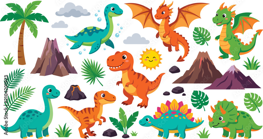 Obraz premium Large collection of cute cartoon dinosaurs and dragons with prehistoric nature elements isolated on white background flat vector illustration set