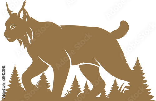 Canvas Print Strong stylized black and white illustration of a bobcat or lynx head in profile