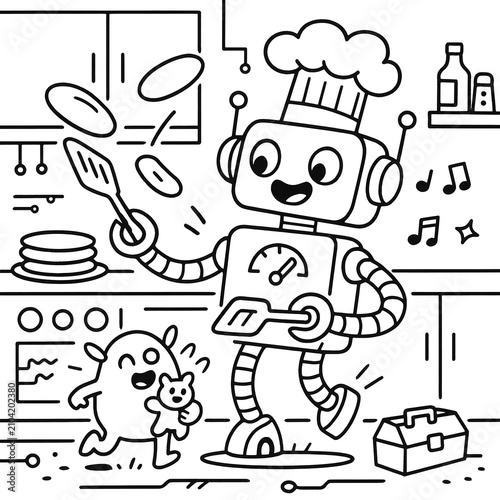 Playful Robot Chef Cooking Pancakes Coloring Page