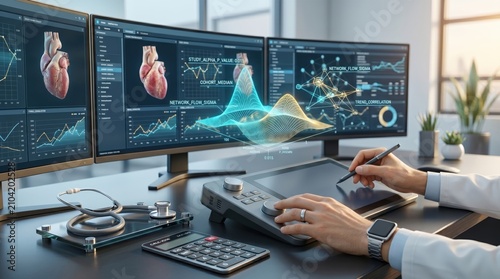 Obraz w ramie Doctor analyzing cardiac data on multi-monitor setup with holographic 3D heart model and network flow graphs in modern digital hospital office.