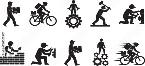 Cuadro en lienzo Silhouettes of various workers and cyclists engaged in different activities