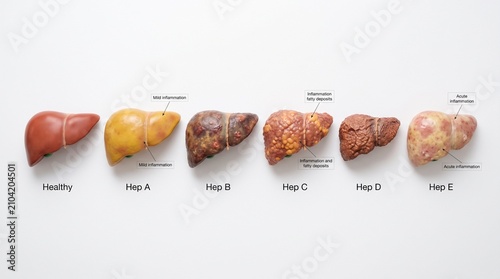 Comparative Anatomical Illustration of a Healthy Human Liver and Livers Affected by Various Types of Hepatitis