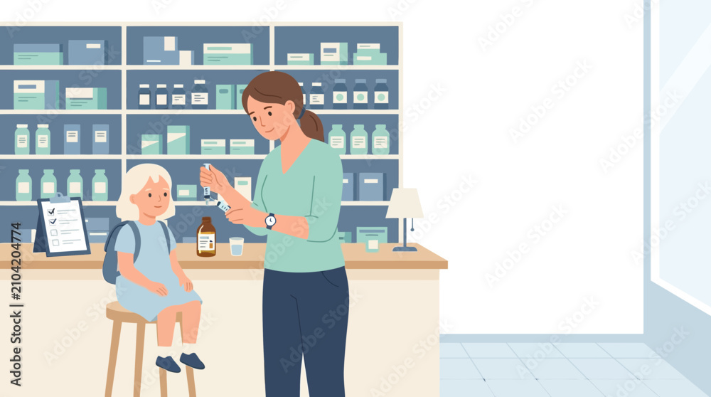 Fototapeta premium Mother giving medicine to child at pharmacy counter, healthcare concept