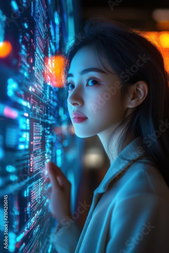 Confident woman analyzing futuristic virtual data dashboard