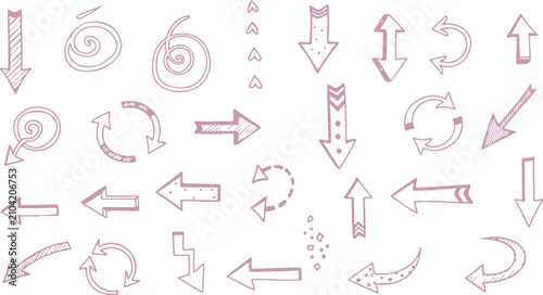 Various bold brush drawn curved arrows. Collection doodle marker thick arrows in different directions. Hand drawn vector direction pointers. Curved and wavy brush strokes