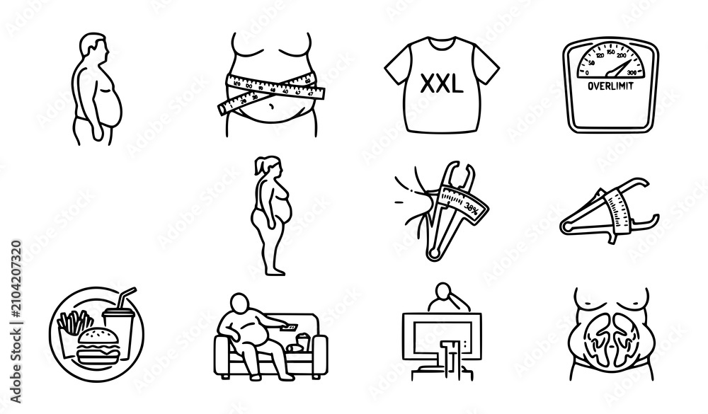 Fototapeta premium Obesity and overweight line icons set with fat body shapes and weight scale linear vector symbols